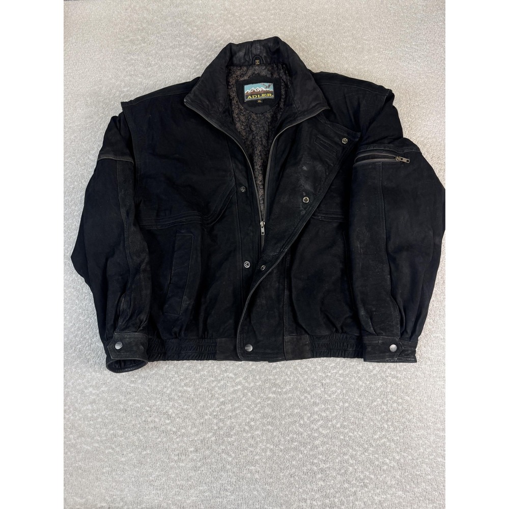Adler Jacket Mens XL Black Genuine Leather‎ Bomber Paisley Lining Zip Pockets